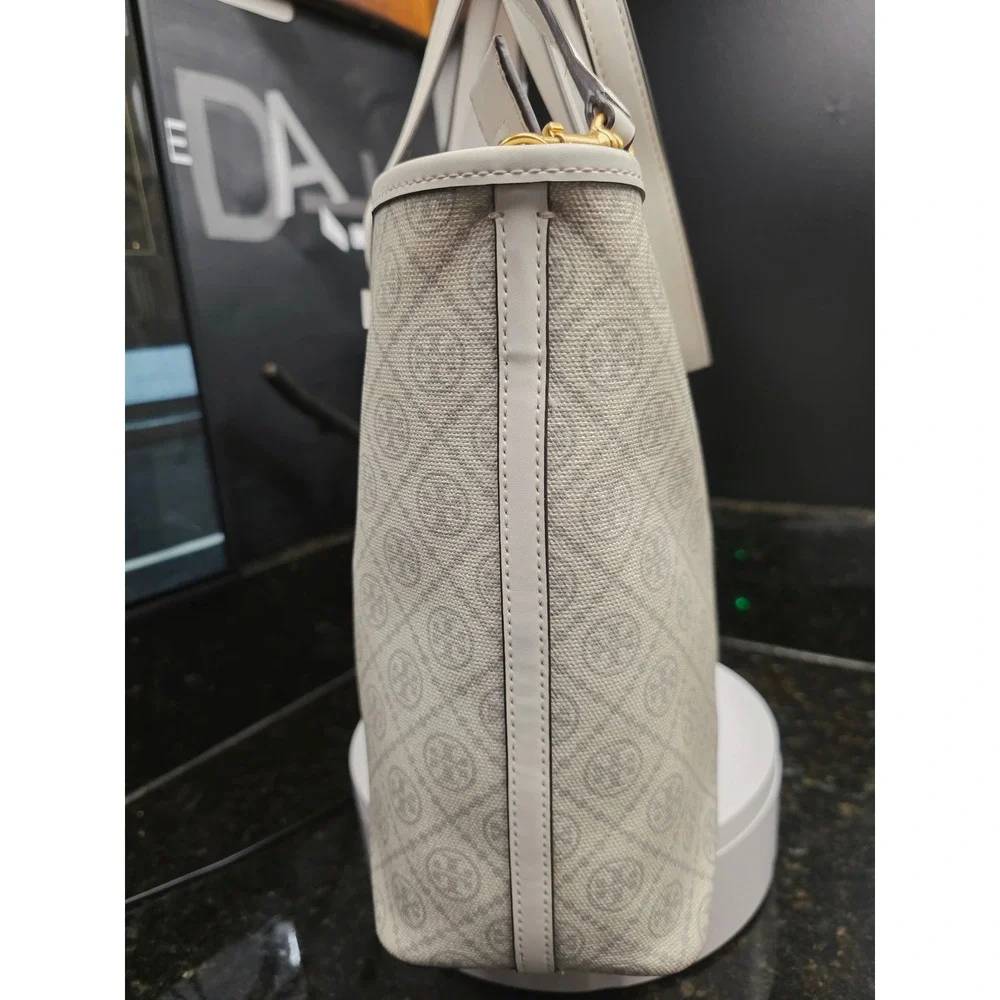 Tory Burch T Monogram Coated Canvas Tote White Gray Logo Crossbody Bag Luxury